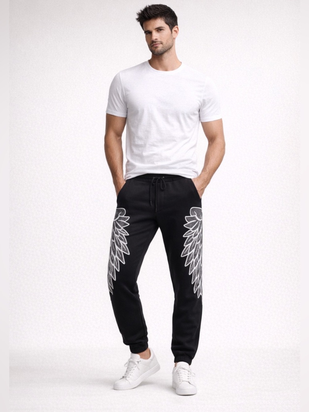 Reason Black Joggers Men’s Feather Print Streetwear Slim Fit